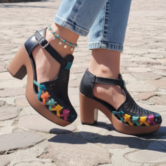 Huarache de piel hecho a mano tejido tacon moda zj00697
