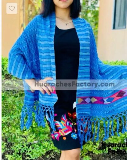 rj00280 rebozo artesanal bordado en telar azul con medidas de 158 por 51 cm mayoreo fabrica