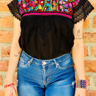 rj00602 blusa de manta bordada a mano color negro con flores liston color rosa artesanal mexicano mayoreo fabrica