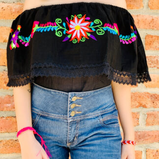 rj00614 blusa de manta bordada a mano color color negro con diseño flores liston color azul artesanal mexicano mayoreo fabrica