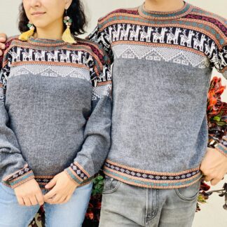 rj00781 Sueter Color Gris Unisex diseño de llama cuello redondo de lana hecho en Chiapas México medida de 66x46cm mayoreo fabrica